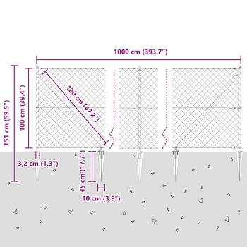 Kettengliedzaun mit 7 Stachelpfosten 1x10 m verzinkter Stahl