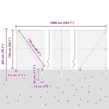 Kettengliedzaun mit 7 Spike-Posten 1.5x10 m aus verzinktem Stahl