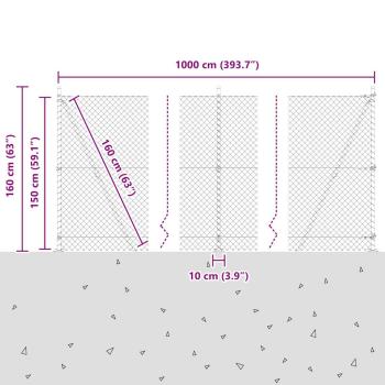Kettengliedzaun mit 7 Flanschpfosten 1,5x10 m aus galvanisiertem Stahl