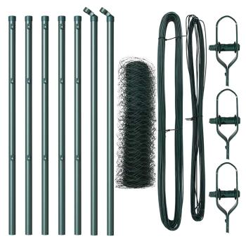 Sechseckzaun Grün 0,5x10 m Stahl, Zaunpfosten 7 Stk Grün Ø32 mm 100 cm galvanisierter Stahl