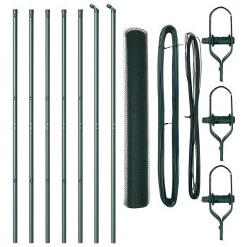 Sechseckzaun Grün 1,4x10 m Stahl, Zaunpfosten 7 Stk Grün Ø32 mm 190 cm verzinkter Stahl