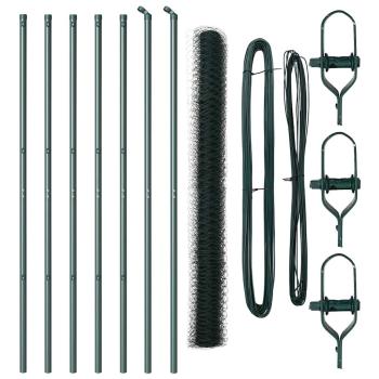 Sechseckzaun Grün 1,5x10 m Stahl, Zaunpfosten 7 Stück Grün Ø32 mm 200 cm verzinkter Stahl