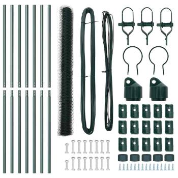 Sechseckzaun Grün 1,5x10 m Stahl, Zaunpfosten 7 Stück Grün Ø32 mm 200 cm verzinkter Stahl