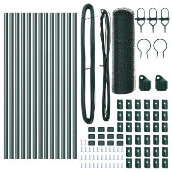 Sechseckzaun Grün 0,4x25 m Stahl, Zaunpfosten 13 Stück Grün Ø32 mm 80 cm verzinkter Stahl