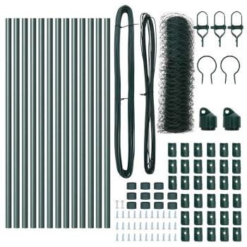 Sechseckzaun Grün 0,4x25 m Stahl, Zaunpfosten 13 Stück Grün Ø32 mm 80 cm Verzinkter Stahl