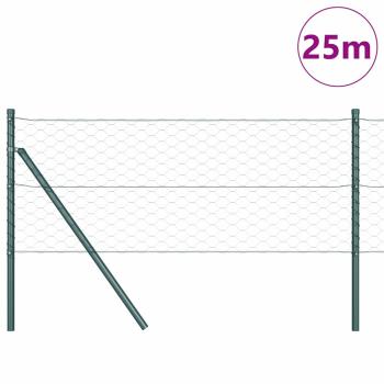 Hexagonzaun Grün 0.6x25 m Stahl, Zaunpfosten 13 Stück Grün Ø32 mm 100 cm Verzinkter Stahl