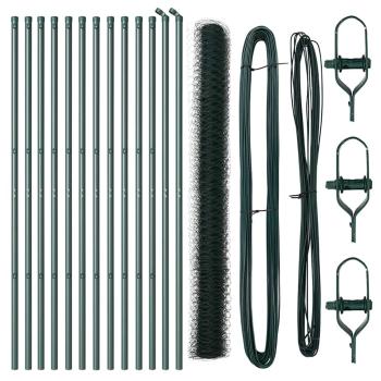 Sechseckzaun Grün 1,6x25 m Stahl, Zaunpfosten 13 Stk. Grün Ø32 mm 210 cm verzinkter Stahl