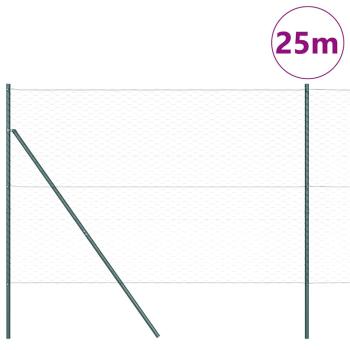 Sechseckzaun Grün 1,6x25 m Stahl, Zaunpfosten 13 Stk. Grün Ø32 mm 210 cm verzinkter Stahl