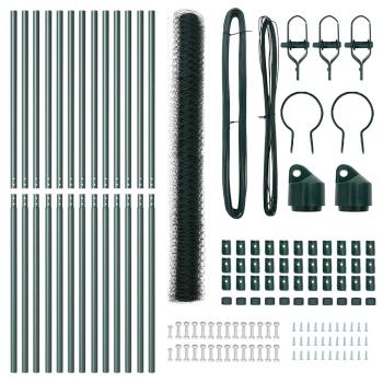 Sechseckzaun Grün 1,6x25 m Stahl, Zaunpfosten 13 Stk. Grün Ø32 mm 210 cm verzinkter Stahl