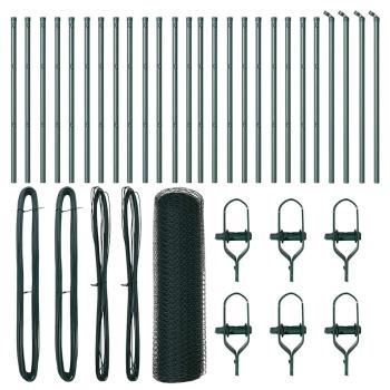 Sechseckzaun Grün 0,6x50 m Stahl, Zaunpfosten 13 Stück Grün Ø32 mm 100 cm Verzinkter Stahl