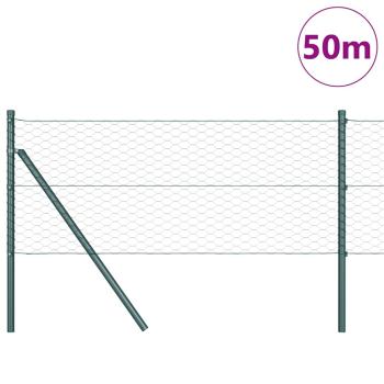 Sechseckzaun Grün 0,6x50 m Stahl, Zaunpfosten 13 Stk Grün Ø32 mm 100 cm Feuerverzinkter Stahl