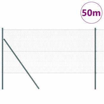 Sechseckzaun Grün 1x50 m Stahl, Zaunpfosten 13 Stk. Grün Ø32 mm 150 cm verzinkter Stahl