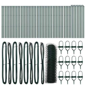 Sechseckzaun Grün 0.4x100 m Stahl, Zaunpfosten 13 Stück Grün Ø32 mm 80 cm verzinkter Stahl