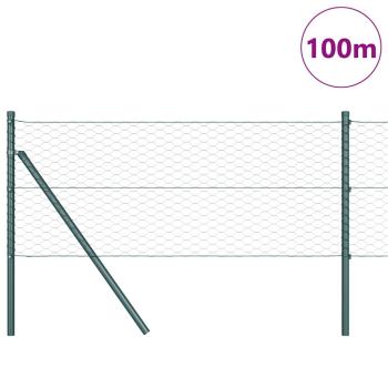 Sechseckzaun Grün 0.6x100 m Stahl, Zaunpfosten 13 Stück Grün Ø32 mm 100 cm Verzinkter Stahl