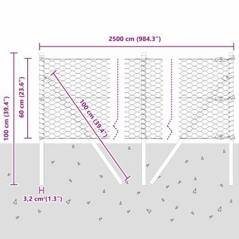 Sechseckzaun Grau 0,6x25 m Stahl, Zaunpfosten 13 Stück Grau Ø32 mm 100 cm Verzinkter Stahl