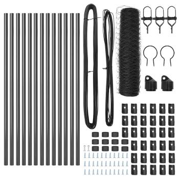 Sechseckzaun grau 0,8x25 m Stahl, Zaunpfosten 13 Stück grau Ø32 mm 120 cm verzinkter Stahl
