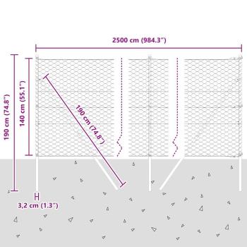Sechseckzaun Grau 1,4x25 m Stahl, Zaunpfosten 13 Stück Grau Ø32 mm 190 cm Verzinkter Stahl
