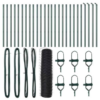 Sechseckiger Zaun Grau 0,6x50 m Stahl, Zaunpfosten 13 Stk Grün Ø32 mm 100 cm galvanisierter Stahl