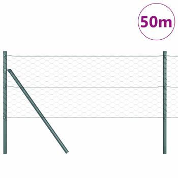 Sechseckiger Zaun Grau 0,6x50 m Stahl, Zaunpfosten 13 Stk Grün Ø32 mm 100 cm galvanisierter Stahl