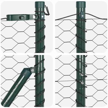 Sechseckzaun Grau 1x50 m Stahl, Zaunpfosten 13 Stück Grün Ø32 mm 150 cm verzinkter Stahl
