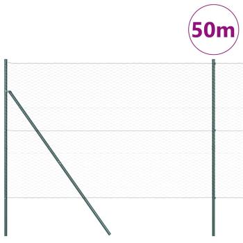 Hexagonzaun Grau 1,5x50 m Stahl, Zaunpfosten 13 Stück Grün Ø32 mm 200 cm verzinkter Stahl