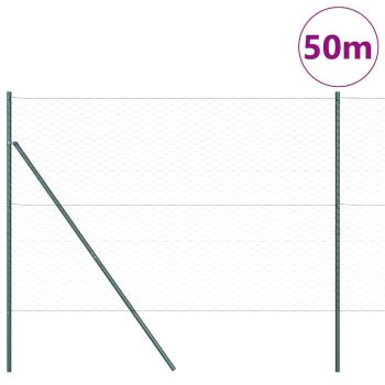Sechseckzaun Grau 1,6x50 m Stahl, Zaunpfosten 13 Stück Grün Ø32 mm 210 cm Verzinkter Stahl