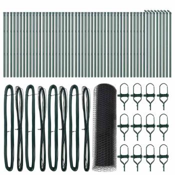 Sechseckzaun Grau 0.8x100 m Stahl, Zaunpfosten 13 Stück Grün Ø32 mm 120 cm verzinkter Stahl
