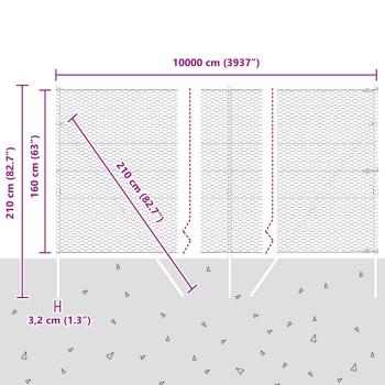 Sechseckzaun Grau 1,6x100 m Stahl, Zaunpfosten 13 Stk. Grün Ø32 mm 210 cm Verzinkter Stahl