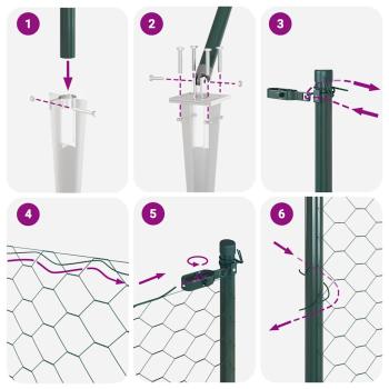 Sechseckzaun Grün 0.4x10 m Stahl, Zaunpfosten mit Spike 7 Stück Ø32 mm 60 cm verzinkter Stahl