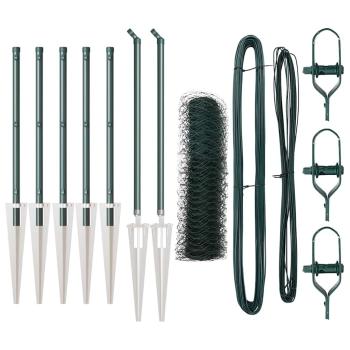 Hexagonzaun Grün 0.5x10 m Stahl, Zaunpfosten mit Spike 7 Stück Ø32 mm 80 cm Galvanisiertes Stahl