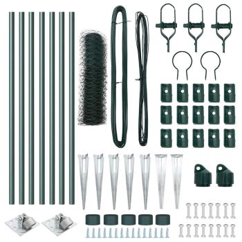 Hexagonzaun Grün 0.5x10 m Stahl, Zaunpfosten mit Spike 7 Stück Ø32 mm 80 cm Galvanisiertes Stahl