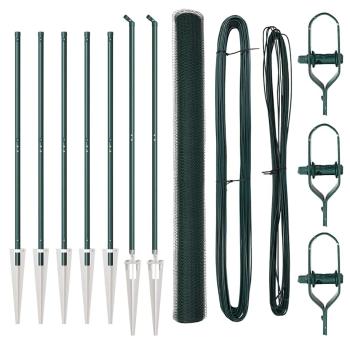 Sechseckzaun Grün 1,5x10 m Stahl, Zaunpfosten mit Spike 7 Stück Ø32 mm 170 cm Verzinkter Stahl