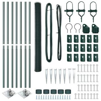 Sechseckzaun Grün 1,5x10 m Stahl, Zaunpfosten mit Spike 7 Stück Ø32 mm 170 cm Verzinkter Stahl
