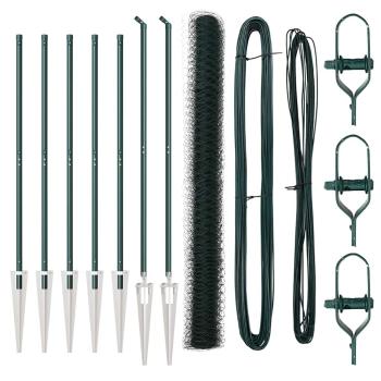 Sechseckzaun Grün 1,5x10 m Stahl, Zaunpfosten mit Spitze 7 Teile Ø32 mm 170 cm Verzinkter Stahl