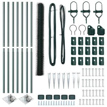 Sechseckzaun Grün 1,5x10 m Stahl, Zaunpfosten mit Spitze 7 Teile Ø32 mm 170 cm Verzinkter Stahl