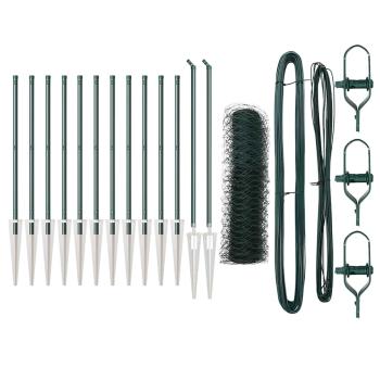 Sechseckzaun Grün 0,4x25 m Stahl, Zaunpfosten mit Spike 13 Stk Ø32 mm 60 cm Verzinkter Stahl