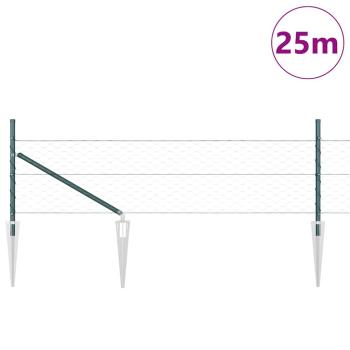 Sechseckzaun Grün 0,4x25 m Stahl, Zaunpfosten mit Spike 13 Stk Ø32 mm 60 cm Verzinkter Stahl