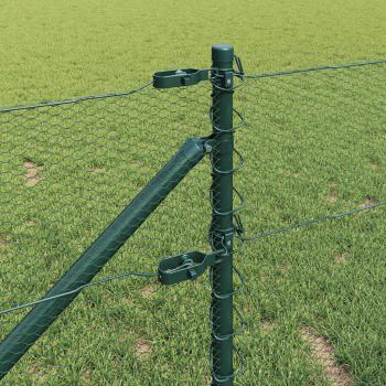 Sechseckzaun Grün 0,6x25 m Stahl, Zaunpfosten mit Spike 13 Stück Ø32 mm 80 cm Verzinkter Stahl