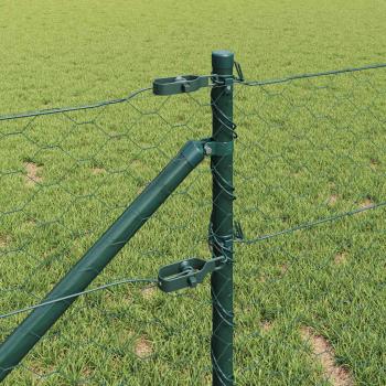 Sechseckzaun Grün 0,6x50 m Stahl, Zaunpfosten mit Spike 13 Stück Ø32 mm 80 cm verzinkter Stahl