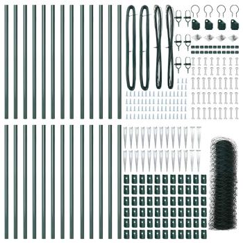 Sechseckzaun Grün 0,6x50 m Stahl, Zaunpfosten mit Spike 13 Stück Ø32 mm 80 cm verzinkter Stahl
