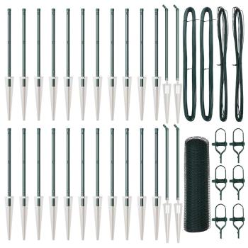 Sechseckzaun Grün 1x50 m Stahl, Zaunpfosten mit Spitze 13 Stück Ø32 mm 120 cm Verzinkter Stahl