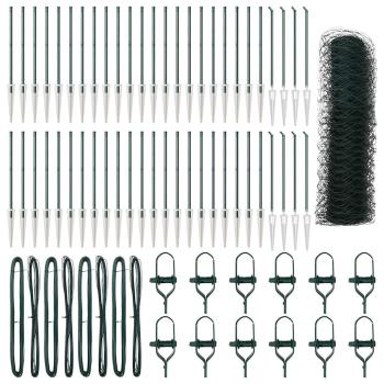 Sechseckzaun Grün 0,6x100 m Stahl, Zaunpfosten mit Spitze 13 Stück Ø32 mm 80 cm verzinkter Stahl