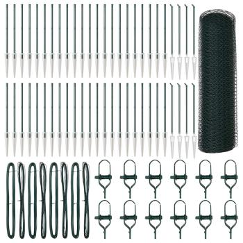 Sechseckzaun Grün 1x100 m Stahl, Zaunpfosten mit Spike 13 Stück Ø32 mm 120 cm Verzinkter Stahl