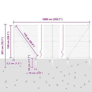 Sechseckzaun Grau 1,5x10 m Stahl, Zaunpfosten mit Spitze 7 Stück Ø32 mm 170 cm verzinkter Stahl