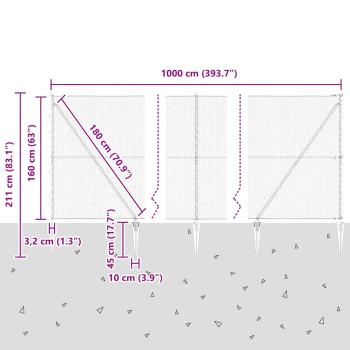 Sechseckzaun Grau 1.6x10 m Stahl, Zaunpfosten mit Nagel 7 Stück Ø32 mm 180 cm Verzinkter Stahl