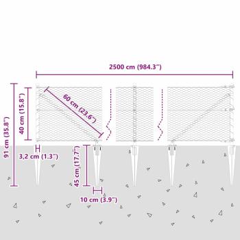 Sechseckzaun Grau 0.4x25 m Stahl, Zaunpfosten mit Spitze 13 Stück Ø32 mm 60 cm verzinkter Stahl
