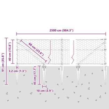 Sechseckzaun Grau 0,4x25 m Stahl, Zaunpfosten mit Spitze 13 Stück Ø32 mm 60 cm verzinkter Stahl