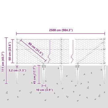Sechseckzaun Grau 0.6x25 m Stahl, Zaunpfähle mit Spieß 13 Stück Ø32 mm 80 cm galvanisiertes Stahl
