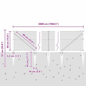 Hexagonzaun Grau 0,4x50 m Stahl, Zaunpfähle mit Spike 13 Stk Ø32 mm 60 cm Verzinkter Stahl