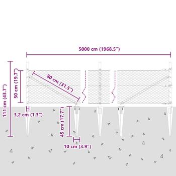 Hexagonzaun Grau 0.5x50 m Stahl, Zaunpfosten mit Spitze 13 Stück Ø32 mm 80 cm verzinkter Stahl
